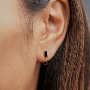 Open Huggie Hoop Earrings - Rose Gold - Black - Minimalist Ear Cuff - Cartilage Jewelry - EAR044BCZ