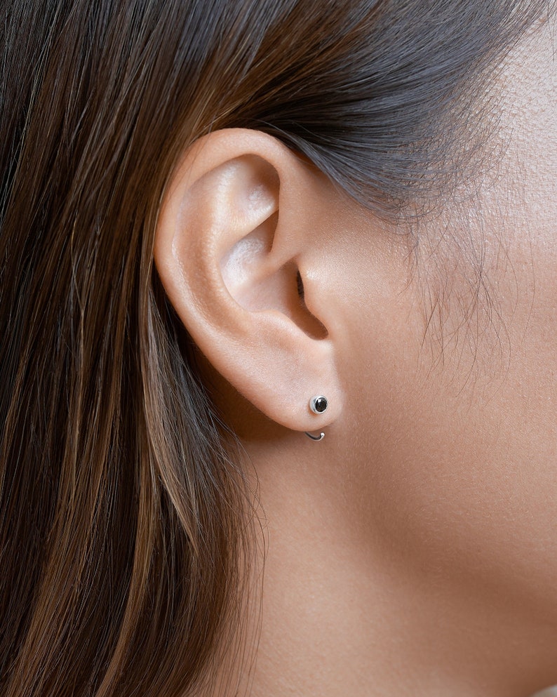 Black Sapphire Huggies Gemstone Hoop Earrings Dainty Ear Cuffs EAR039BSR St Silver Shiny