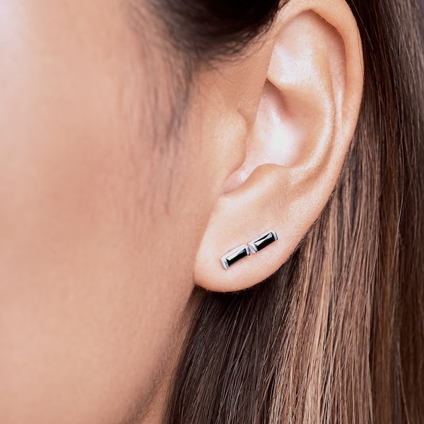 Pendientes de Circón Negro, Plata de Ley, Chapado en Oro, Corte Baguette, Joyería Moderna Minimalista, Hecho a Mano, Lunai, STD086BCN