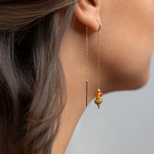 Natural Green Peridot and Carnelian Agate Chain Earrings – Boho Dangle Jewelry – Lightweight Statement Earrings – CHE048NPD