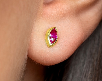 Marquise Pink Ruby Gold Stud Earrings - Unique Birthsone and Bridesmaid Earrings - STD145