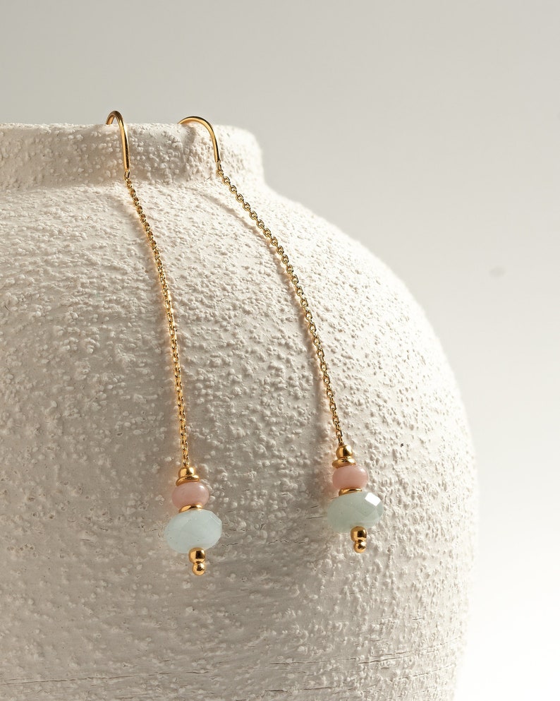 Handmade Aquamarine & Pink Opal Earrings Lovely Mother's Day Gift Gemstone Dangles CHE048 image 4