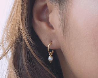 Sterling Silver Pearl Hoop Earrings: Dainty Huggie Style