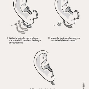 Illustration showing how to wear snake ear jacket earrings with the snake's head positioned downward.