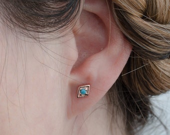 Boho Diamond and Turquoise Stud Earrings, Gold Plated, Sterling Silver, Geometric Minimal Earrings, Lunaijewelry, Gift for her STD074TRQ