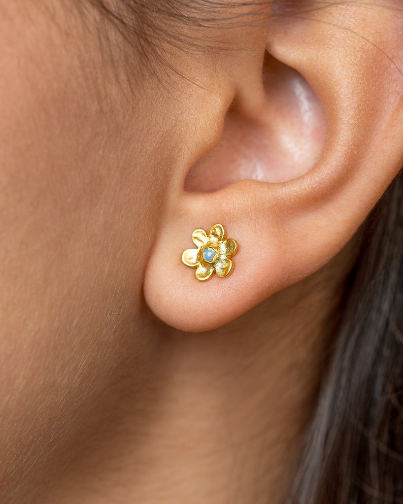 Cute Opal Flower Gold Stud Earrings Gift Summer Opal jewelry STD150 image 1