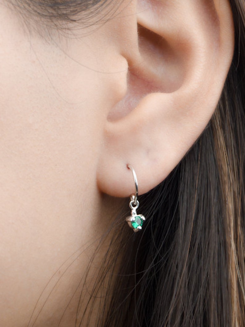 Lab Emerald Hook Earrings - Dangle Drop Earrings - Bridesmaid Gift - Tiny Birthstone Earrings - Dainty Earrings