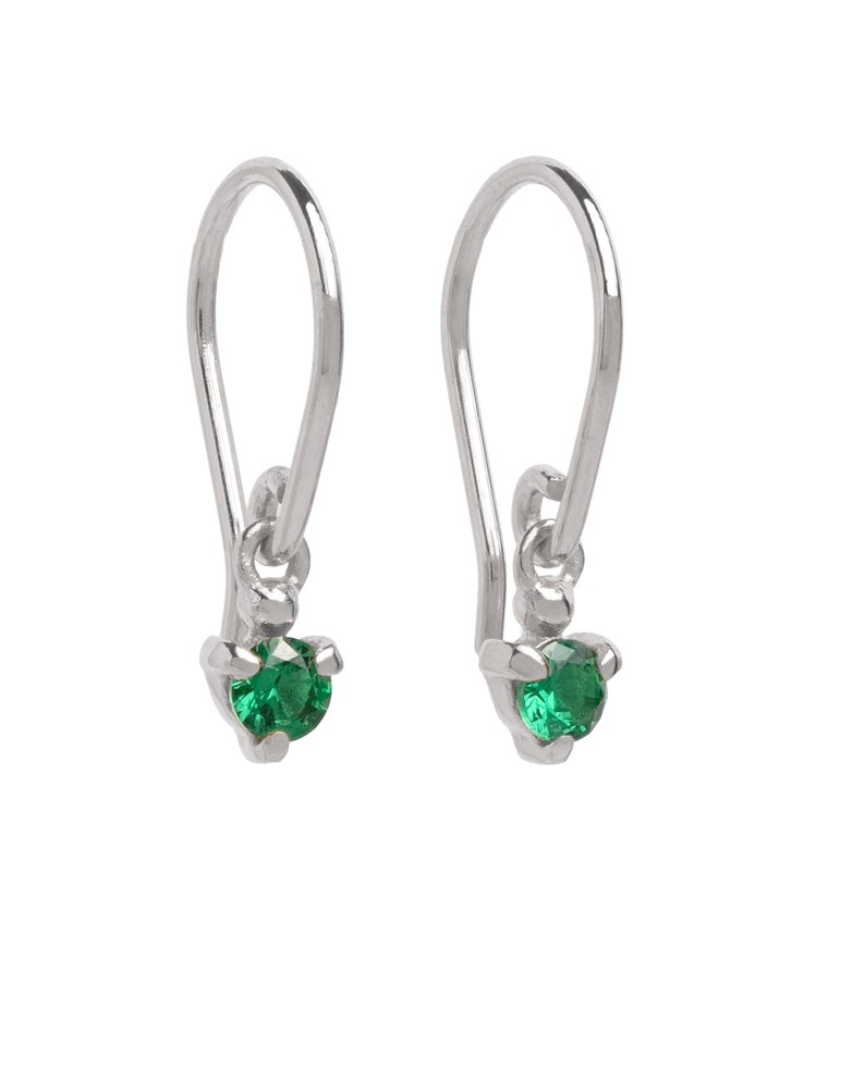 Lab Emerald Hook Earrings - Dangle Drop Earrings - Bridesmaid Gift - Tiny Birthstone Earrings - Dainty Earrings
