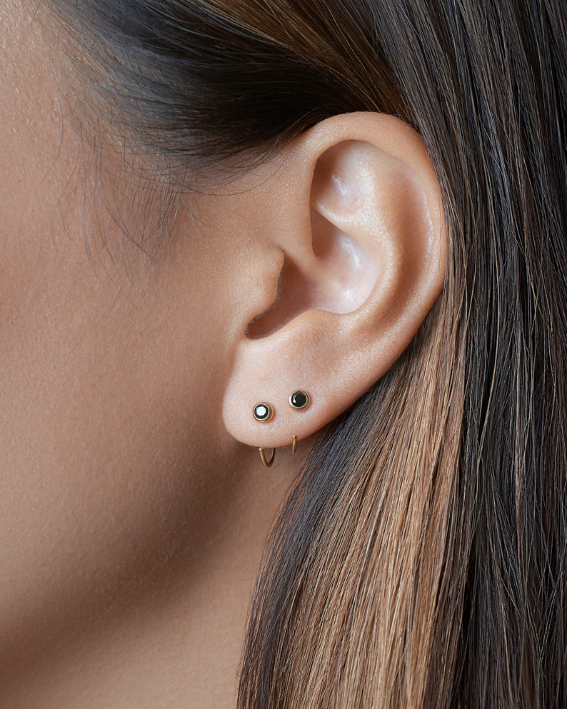 Black Sapphire Huggies Gemstone Hoop Earrings - Dainty Ear Cuffs