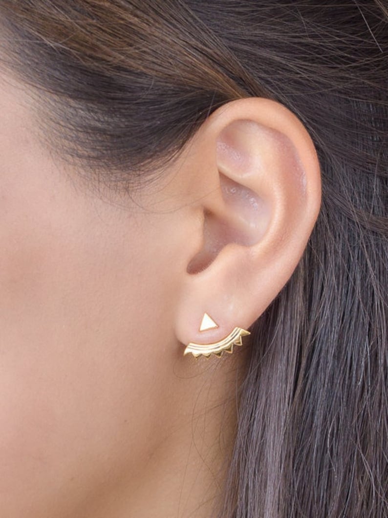 Gold Ear Jacket - Floating Earrings - Bridal Earrings - Stud Earrings - Triangle Stud Earring - Geometric Jewelry - Bridesmaid Gift - EJK001 