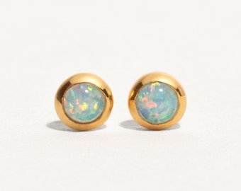Delicate Opal Stud Earrings - Handmade Jewelry for Simple Everyday Use - October Birthstone Gift - STD075P03