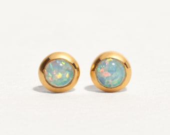 Delicate Opal Stud Earrings - Handmade Jewelry for Simple Everyday Use - October Birthstone Gift - STD075P03