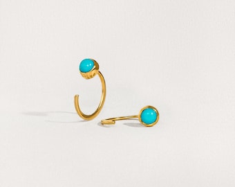 Turquoise Hoop Huggie Ear Rings - Dainty Silver Earrings Ear Hugging Cuffs - EAR039TRQ