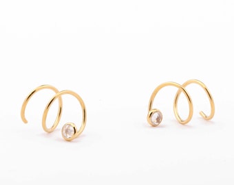 Double Piercing Hoop Earrings: White Topaz Spiral, Sterling Silver