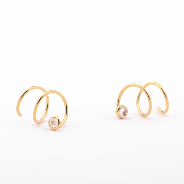 Double Piercing Spiral Earrings with White Topaz - Minimalist Double Hoop Earrings - Birthstone Jewelry - EAR148WTP