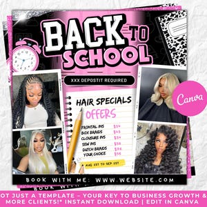 Back To School Flyer, Back to school hair flyer, Back to school sale flyer, DIY canva template, Back 2 School Flyer, Braid Special Flyer