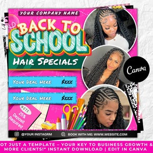 Back To School Flyer, Back to school hair flyer, Back to school sale flyer, DIY canva template, Back 2 School Flyer, Braid Special Flyer