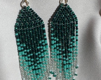 Green ombre Seed Bead Fringe Earrings: Boho Bohemian Silver Accent accessories for women