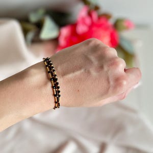 Black & Gold dainty stacking bracelet, Miyuki delica  boho wrist band adjustable