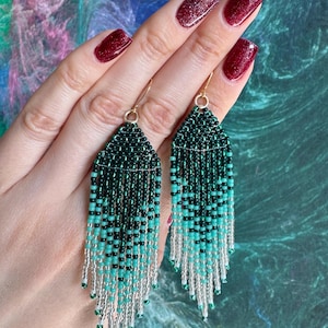 Green turquoise ombre Seed Bead Fringe Earrings: Boho Bohemian Silver Accent accessories for women
