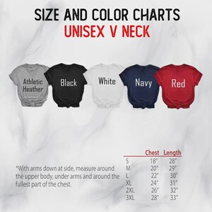 a collection of t-shirts in various colors and sizes, with size and color charts indicating the chest length and color of each shirt.