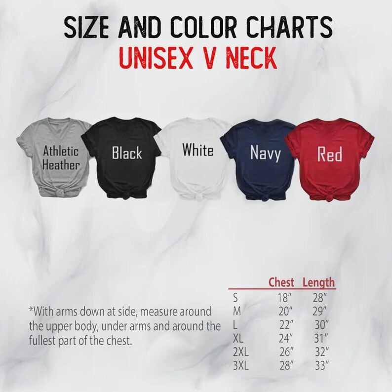 a collection of t-shirts in various colors and sizes, with size and color charts indicating the chest length and color of each shirt.