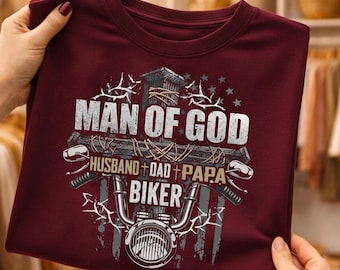 Man Of God Biker Shirt - Husband Dad Papa Tee - Christian Biker Shirt - Faith Motorcycle Shirt - Religious Father Gift Tee