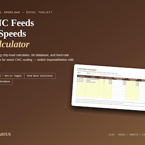 May include: A digital Excel toolkit for CNC feeds and speeds calculation on a brown background. The interface features a feed rate calculator, a 15-bit database, and an Imperial/Metric toggle. Text includes CNC Feeds & Speeds Calculator and LIGNARIUS.