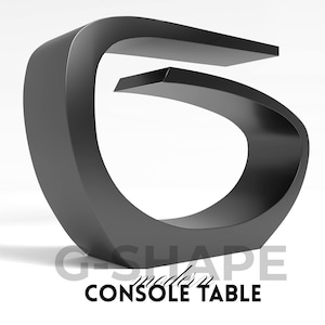 Pode incluir: Mesa de consola moderna em forma de G, preto fosco. O design é elegante e minimalista, com uma base curva e um tampo plano. O texto "G-SHAPE modern console table" é exibido na parte inferior. Inclui arquivos PDF e DXF.