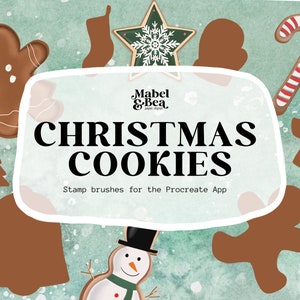 May include: A set of digital stamp brushes for the Procreate app featuring various Christmas cookie shapes, including a gingerbread man, a star, a candy cane, a stocking, a bell, a snowman, and an angel. The text "Christmas Cookies" and "Stamp brushes for the Procreate App" is displayed on a white background with a green watercolor background.