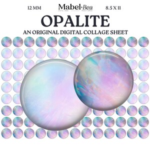 Può includere: Foglio di collage digitale con disegni di opale. Il foglio presenta numerosi piccoli cerchi iridescenti e due cerchi più grandi nei toni del blu, viola e rosa. Il testo recita "OPALITE" e "AN ORIGINAL DIGITAL COLLAGE SHEET".