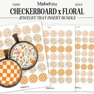 Pode incluir: Um conjunto de inserções imprimíveis para bandeja de joias com um design de tabuleiro de damas e floral. As inserções estão disponíveis em três tamanhos: 25 mm, 30 mm e 38 mm. O design apresenta um fundo branco com quadrados de tabuleiro de damas laranja e branco e um padrão floral com flores rosa, amarelas e brancas.