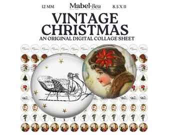 Vintage Christmas 12mm Digital Collage Sheet – Printable Christmas cabochon for earrings, charms