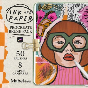 May include: A digital illustration of a woman with red hair wearing green glasses and a pink and orange striped shirt. The image is surrounded by colorful abstract shapes and patterns. The text "INK AND PAPER PROCREATE BRUSH PACK 50 BRUSHES 8 PAPER CANVASES Mabel-Bea" is displayed on the left side of the image.