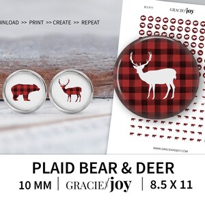 10 mm PLAID BEAR & DEER Digital Download, earring printable, art craft supply, buffalo plaid, animal download, Mabel and Bea