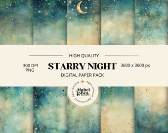 Starry Night Digital Paper Pack | Junk Journal Pages Digital Download by Mabel and Bea