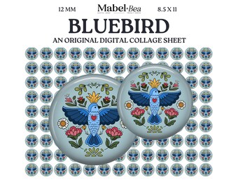 Bluebird Folk Art 12mm Cabochons – Printable Collage Sheet, Digital Download
