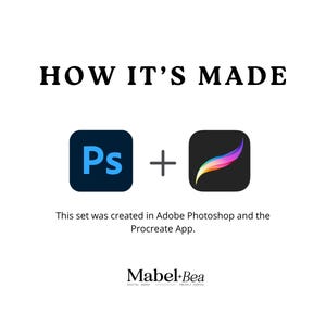 May include: White background with the text "HOW IT'S MADE" in black. Below are the Adobe Photoshop and Procreate App logos, with the text "This set was created in Adobe Photoshop and the Procreate App." The Mabel+Bea logo is at the bottom.