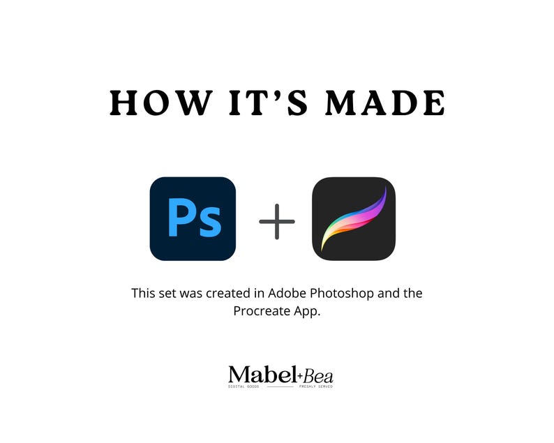 May include: White background with the text "HOW IT'S MADE" in black. Below are the Adobe Photoshop and Procreate App logos, with the text "This set was created in Adobe Photoshop and the Procreate App." The Mabel+Bea logo is at the bottom.