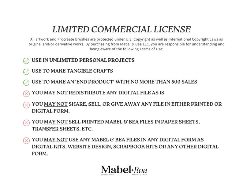 May include: A white document with the text "LIMITED COMMERCIAL LICENSE" at the top. The document lists terms of use for digital artwork, including personal projects, tangible crafts, and end products with limited sales. The Mabel + Bea logo is at the bottom.
