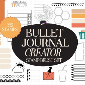 May include: A black and white digital stamp brush set for bullet journaling. The set includes 223 stamps and features a variety of designs, including a self-care tracker, a habit tracker, a mood tracker, and a variety of other designs. The set is perfect for adding a personal touch to your bullet journal.