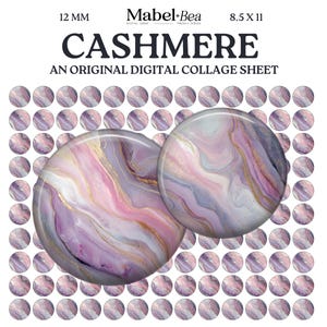 Puede incluir: Hoja de collage digital con un diseño "Cashmere" con efecto mármol en tonos morado, rosa y dorado. La hoja incluye dos imágenes redondas grandes y numerosos círculos más pequeños a juego. El texto "12 mm" y "8.5 x 11" es visible.