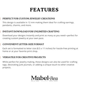 May include: White background with the word "FEATURES" in black. Text highlights features of digital designs, including custom jewelry creation, instant download, letter-size format (8.5 x 11 inches), and versatile creative projects. The Mabel+Bea logo is at the bottom.