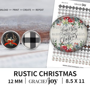 12 MM  RUSTIC CHRISTMAS Digital Download, cabochon, Christmas plaid, Moose Holiday art for pendants, glitter, Mabel and Bea