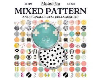 12mm Digital Collage Sheet – Mixed Pattern cabochon for earrings, charms
