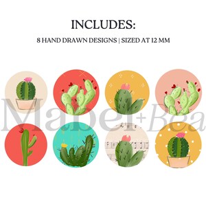 May include: Eight hand-drawn cactus designs, sized at 12 mm, are displayed on colorful circular backgrounds. Each cactus illustration features green cacti with pink or yellow flowers, set against red, yellow, teal, and beige circles.
