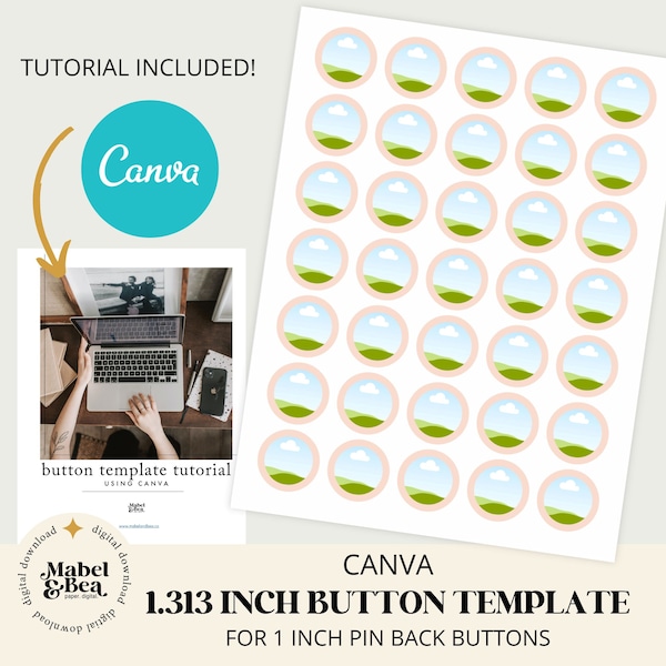 1 inch pin back button CANVA template, 1.313 inch circles, Digital Download, Mabel and Bea
