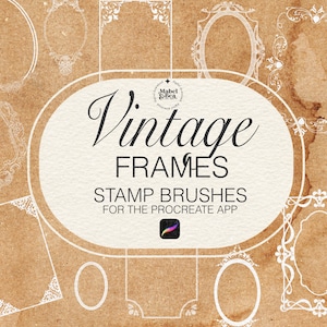 May include: A set of 12 vintage frame stamp brushes for the Procreate app. The brushes are white on a brown background and feature various ornate designs.