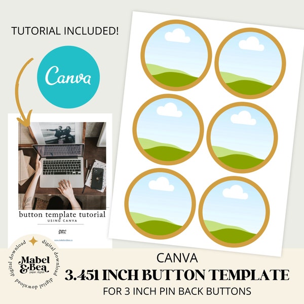 3 inch pin back button CANVA template, 3.451 inch circles, Digital Template, Mabel and Bea