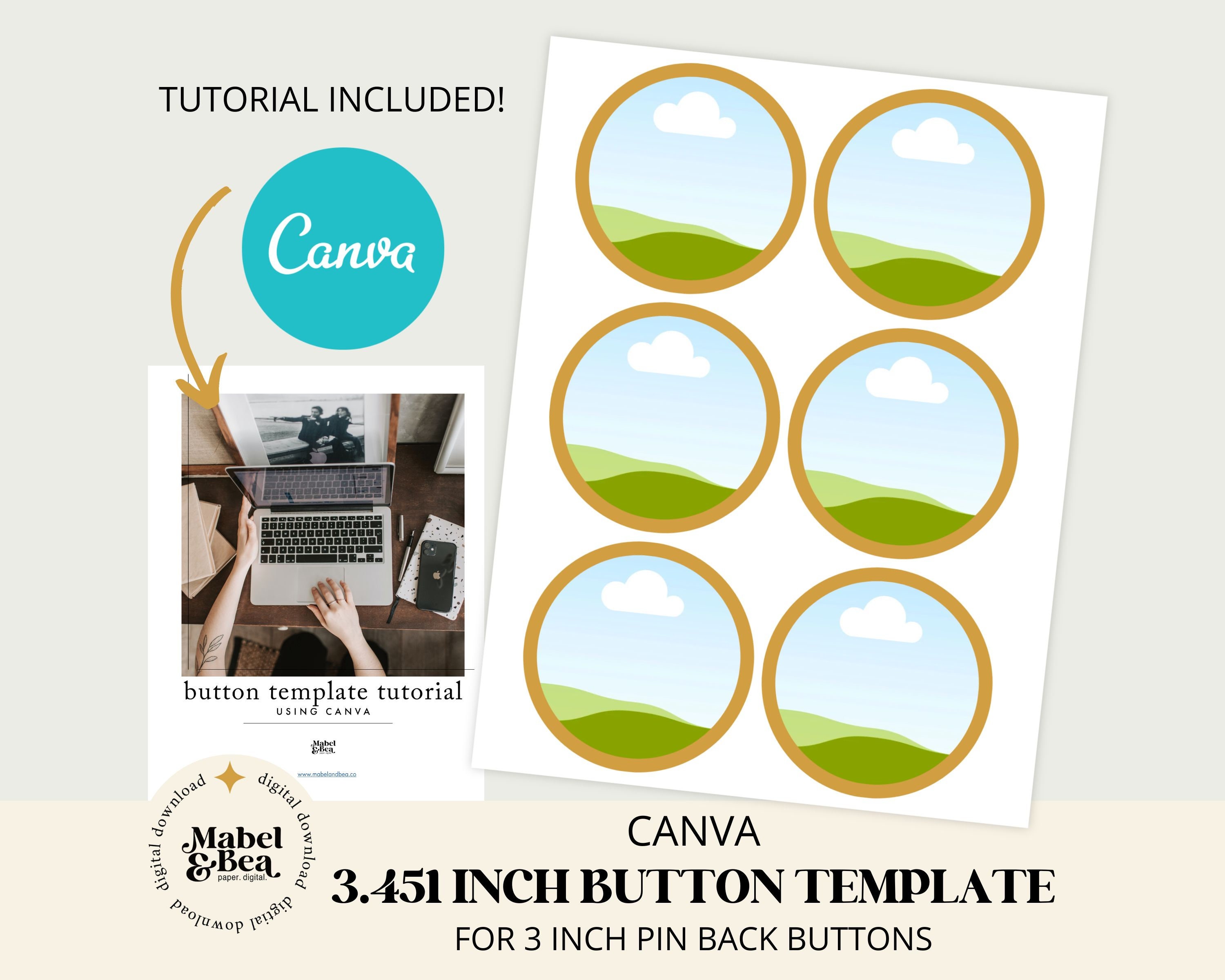 Mockup Digital Photo Template for Pin Back Button on White